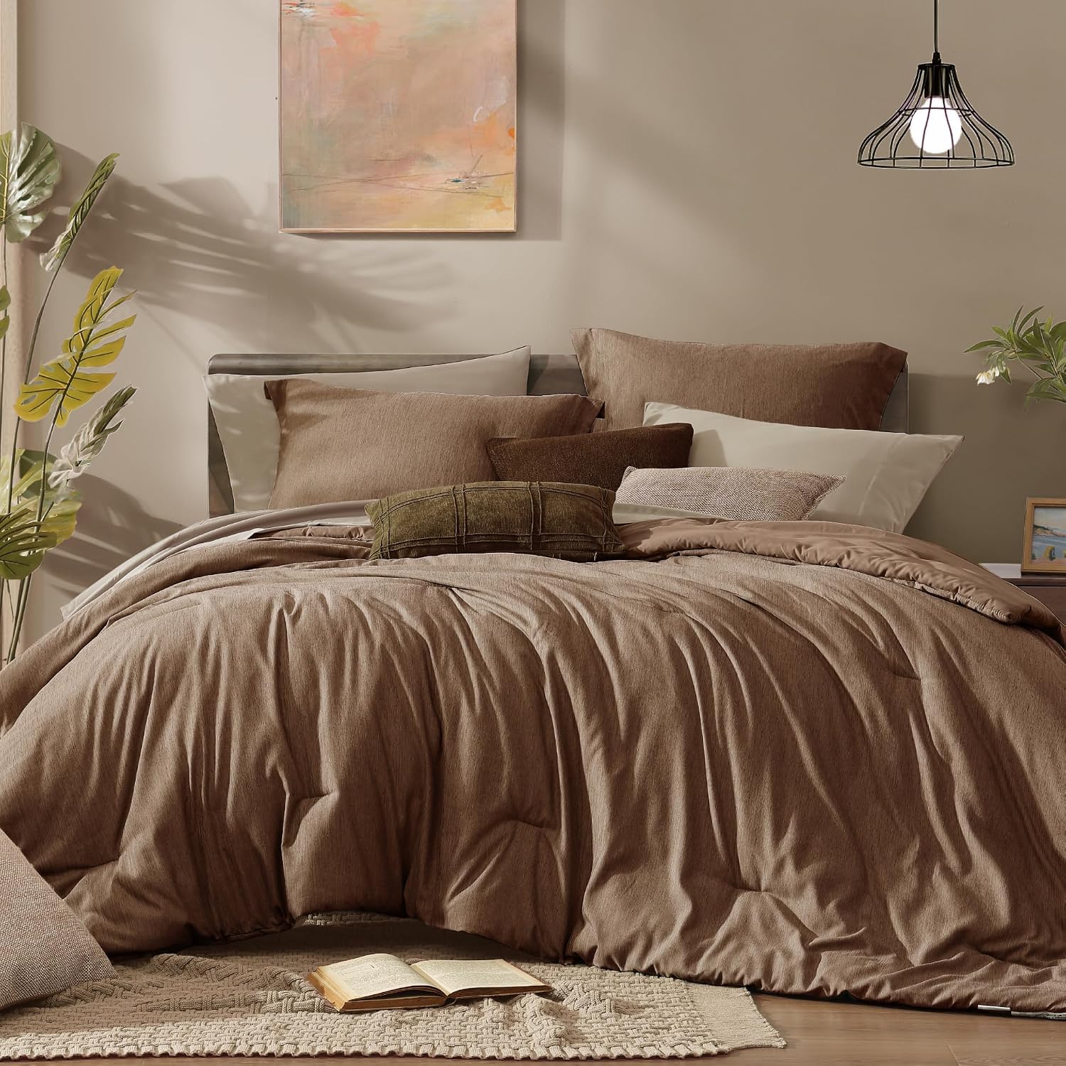 Detalle de Monbix King Size Comforter Set, 7-Piece Brown Reversible Bedding