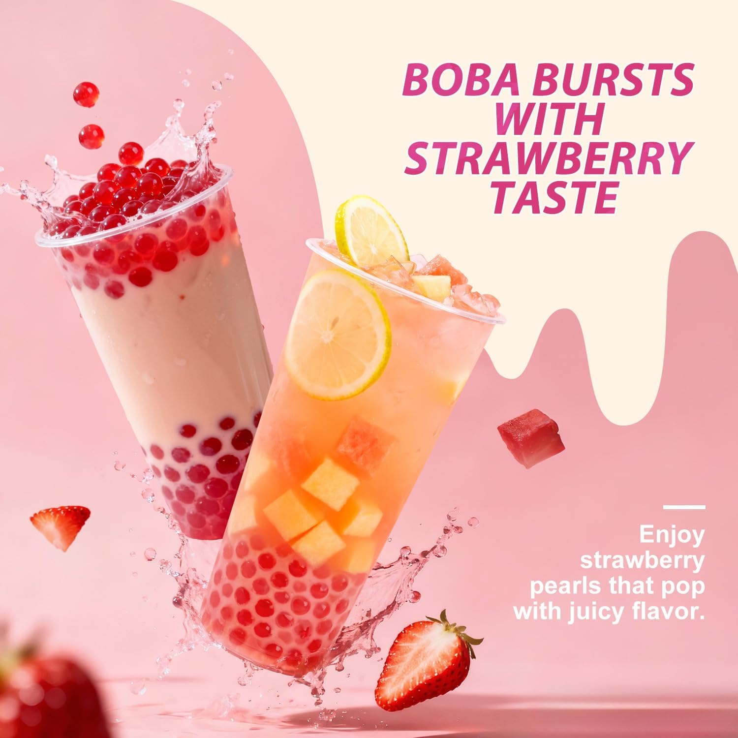 Detalle 2 de Soeos Strawberry Popping Boba, 550g Bursting Pearls for Drinks and Desserts