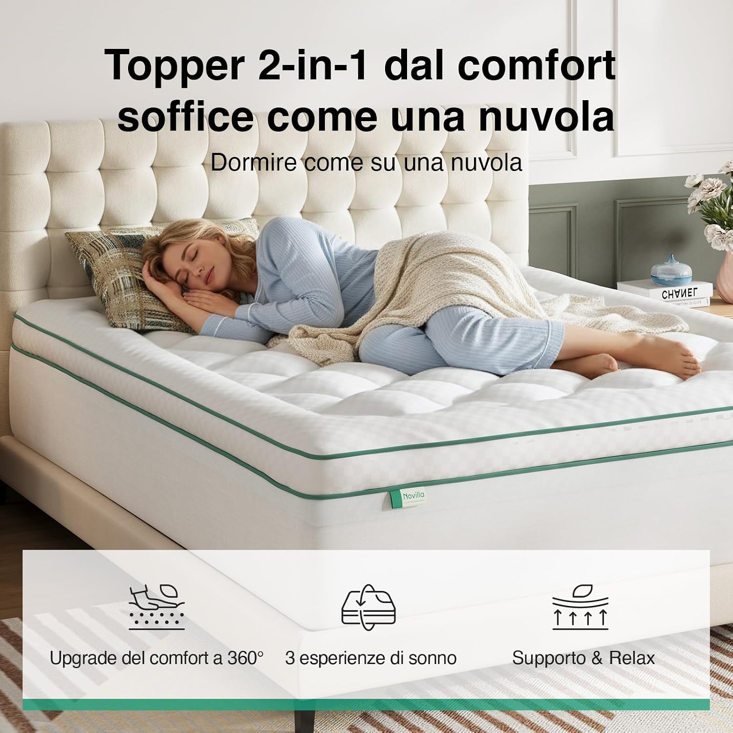 Detalle de Novilla Topper Materasso 160x200 cm 2-in-1: memory gel, design separabile e fodera lavabile