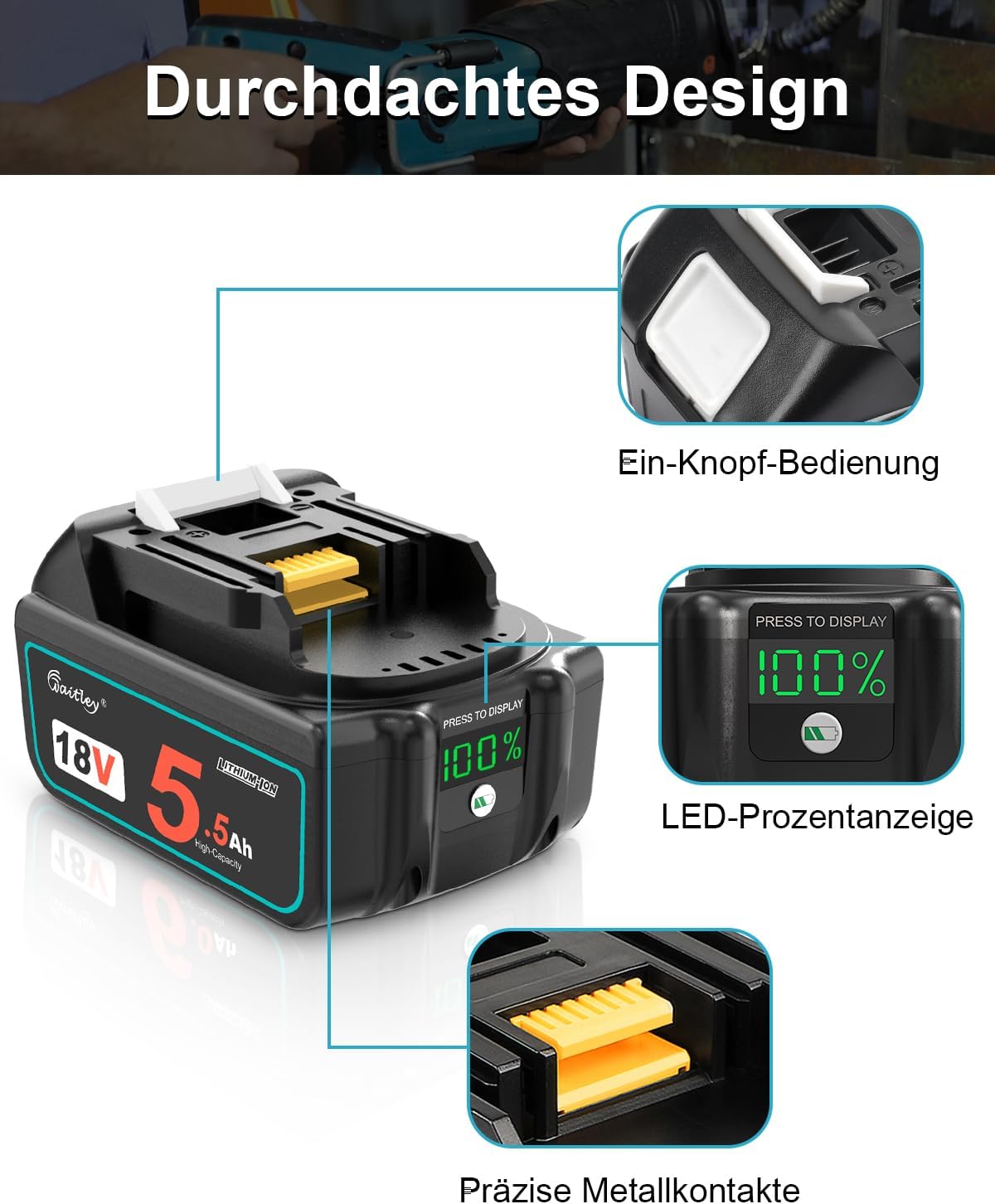 Detalle de 2X Waitley Batterie de Rechange Li-Ion 5500 mAh 18 V pour Makita – Fiabilité et autonomie pour vos outils 18V