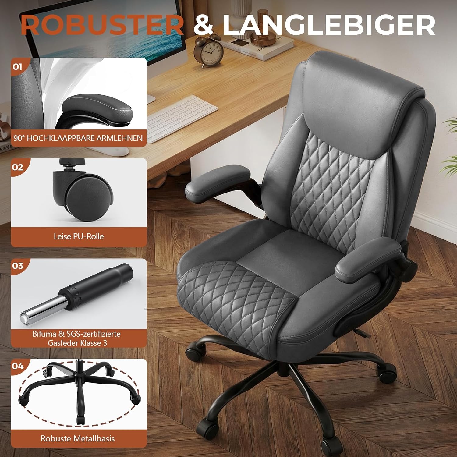 Detalle de GTPLAYER Ergonomischer Bürostuhl – Chefsessel mit hoher Rückenlehne, 180 kg Belastbarkeit, PU-Leder, höhenverstellbar und 90° klappbare Armlehnen