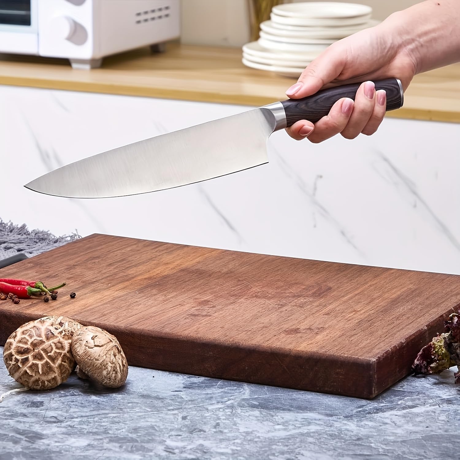 Detalle de SHI BA ZI ZUO YQSL506 kockkniv med 17,8 cm blad i högkolhaltigt rostfritt stål