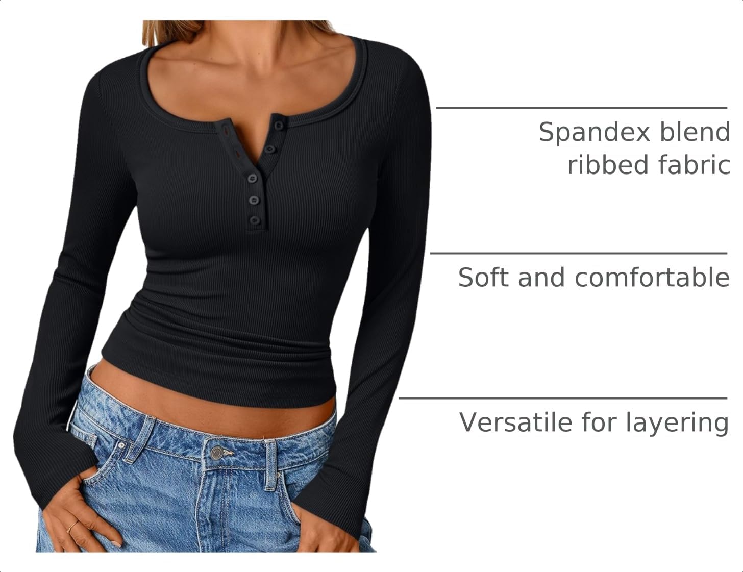 Thumbnail 3 de Trendy Queen Long Sleeve Shirts for Women Henley Ribbed Tops