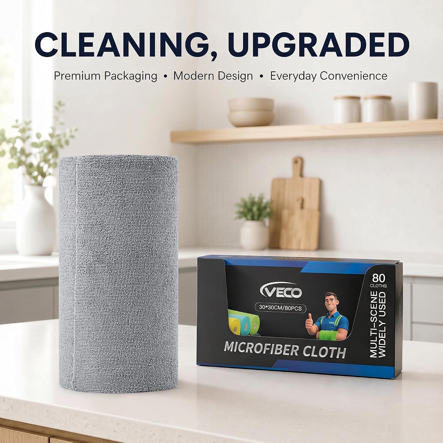 Detalle de Veco 80pcs-gray Microfiber Cleaning Cloth Roll, 80-Count, Gray, 12" x 12