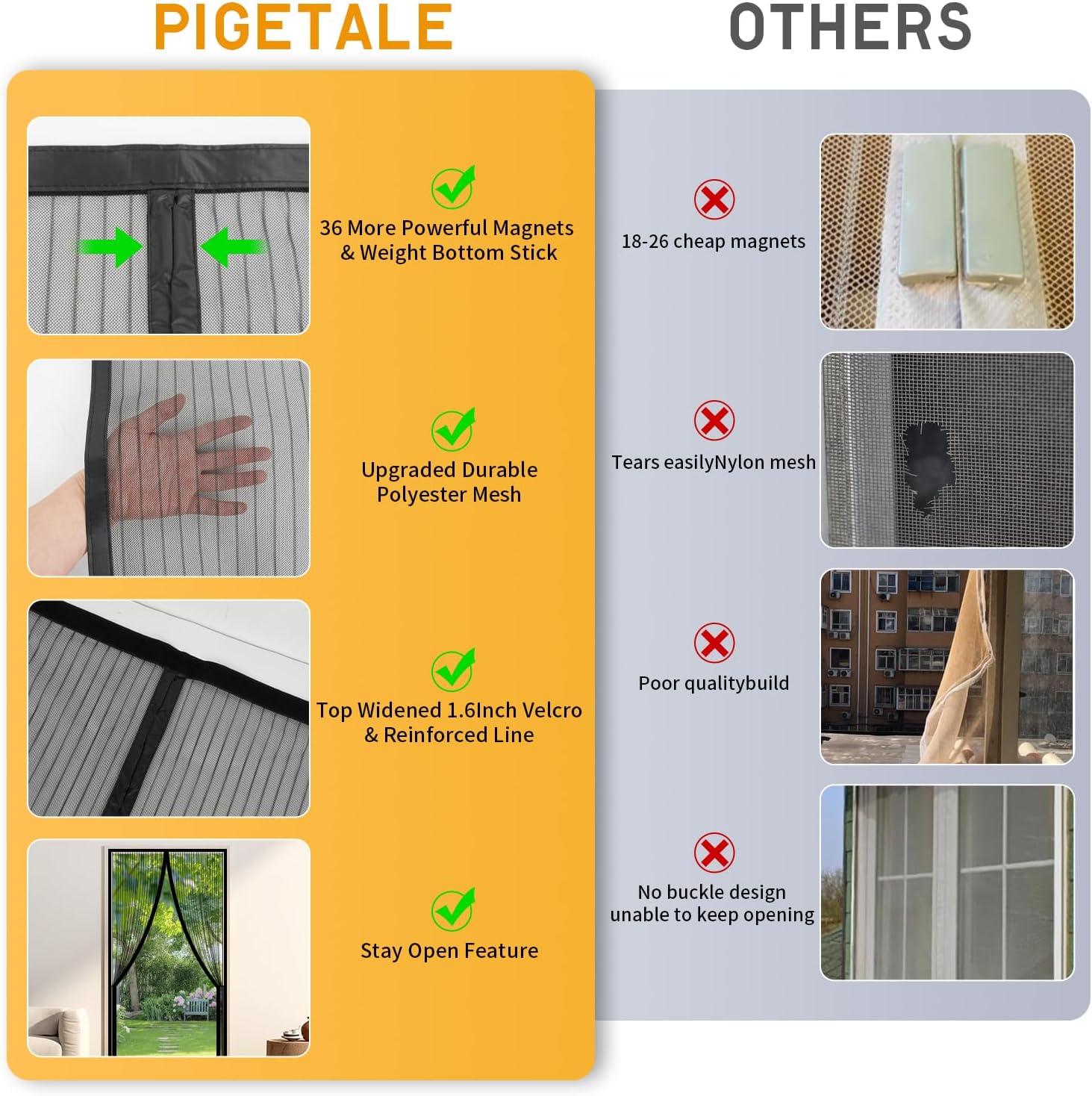 Detalle de PIGETALE Magnetic Fly Screen Door 90x210cm: Easy, Hands-Free Entry with Strong Magnets