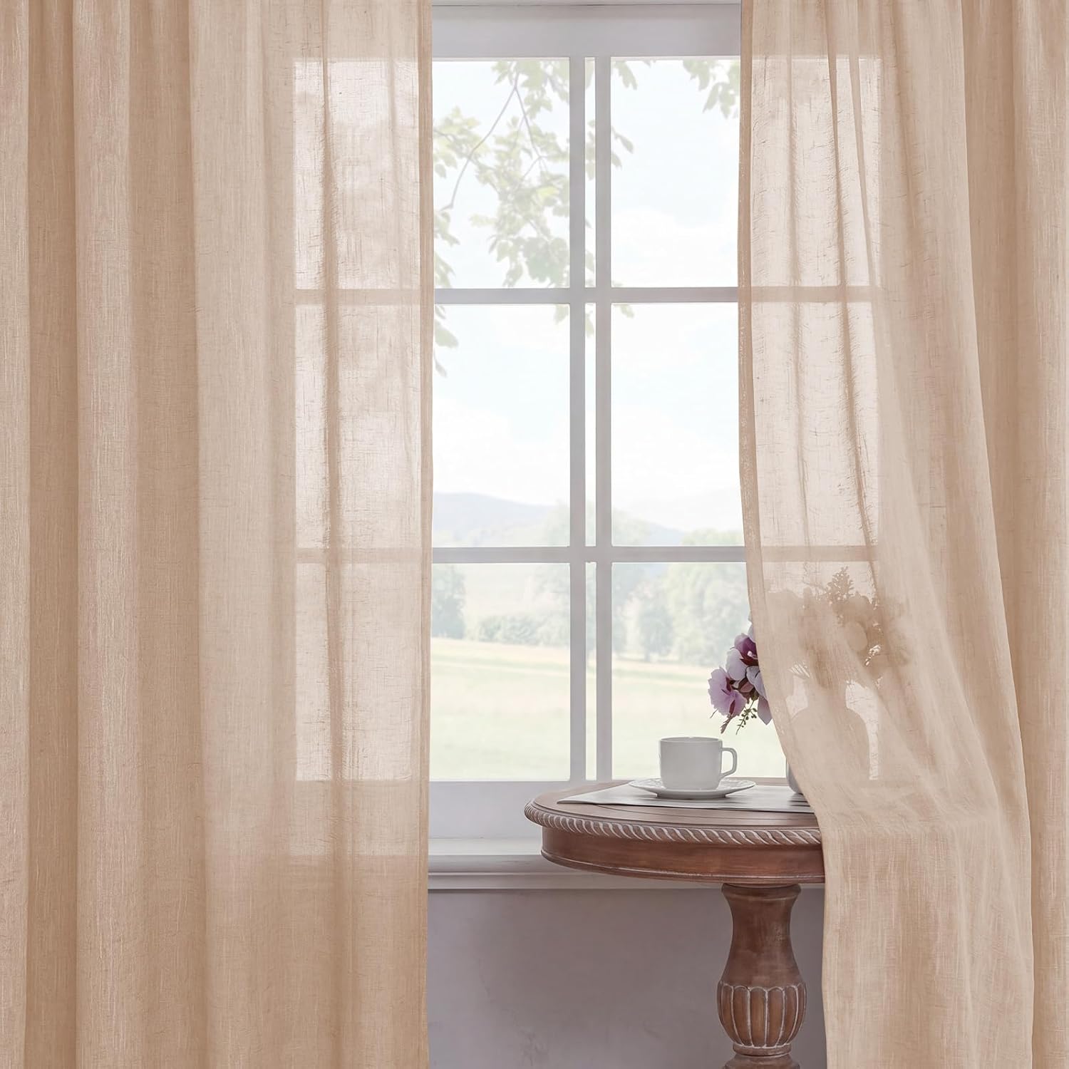 Detalle de BellaHills Gardinen Leinenoptik Kurz Vorhänge – 2er Set, 145x140 cm, Naturleinen