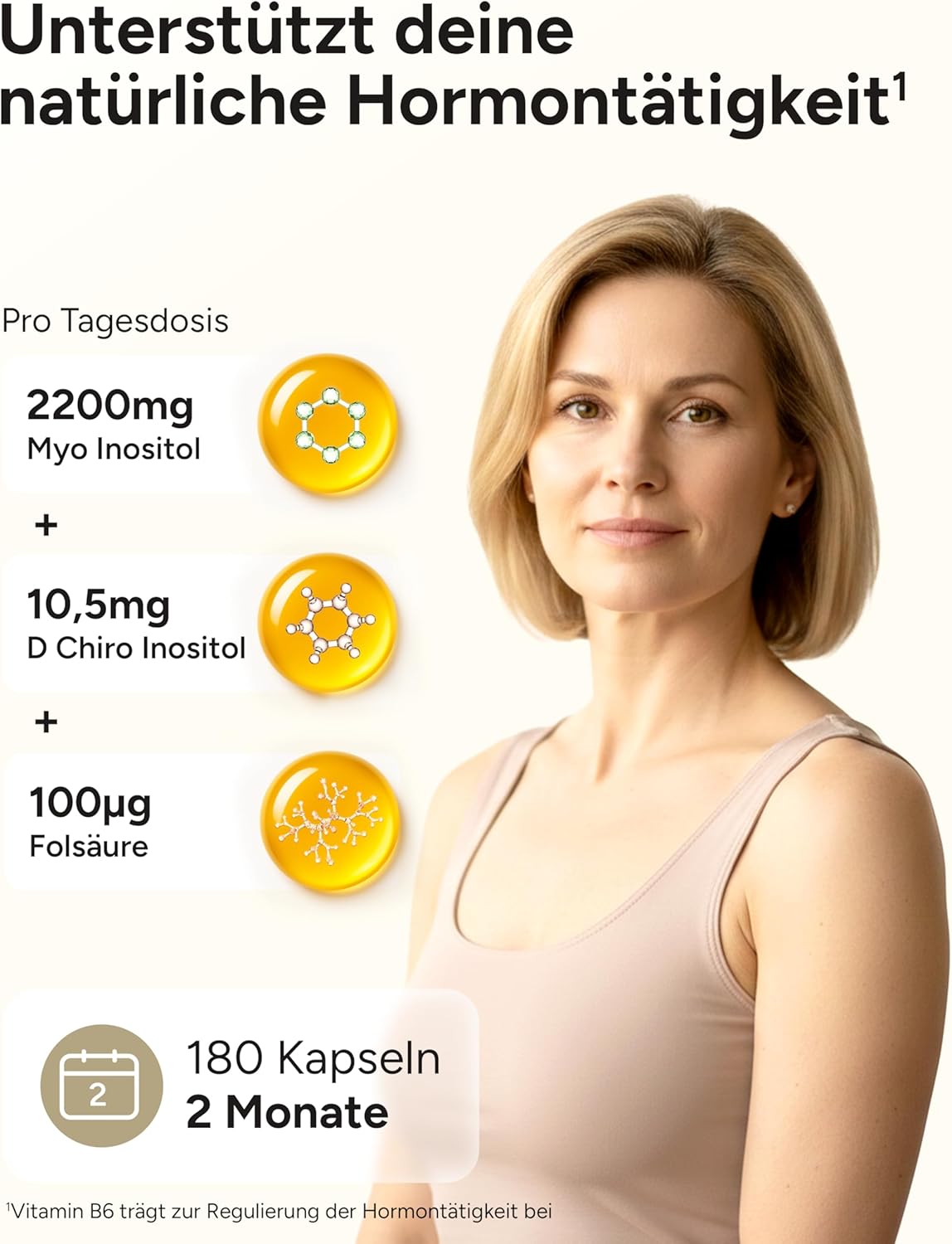Detalle de 180 Myo-Inositol Kapseln „Hormon Balance“ für Frauen – Myo-Inositol, D-Chiro-Inositol, Folsäure, Vitamin B6 & Chrom