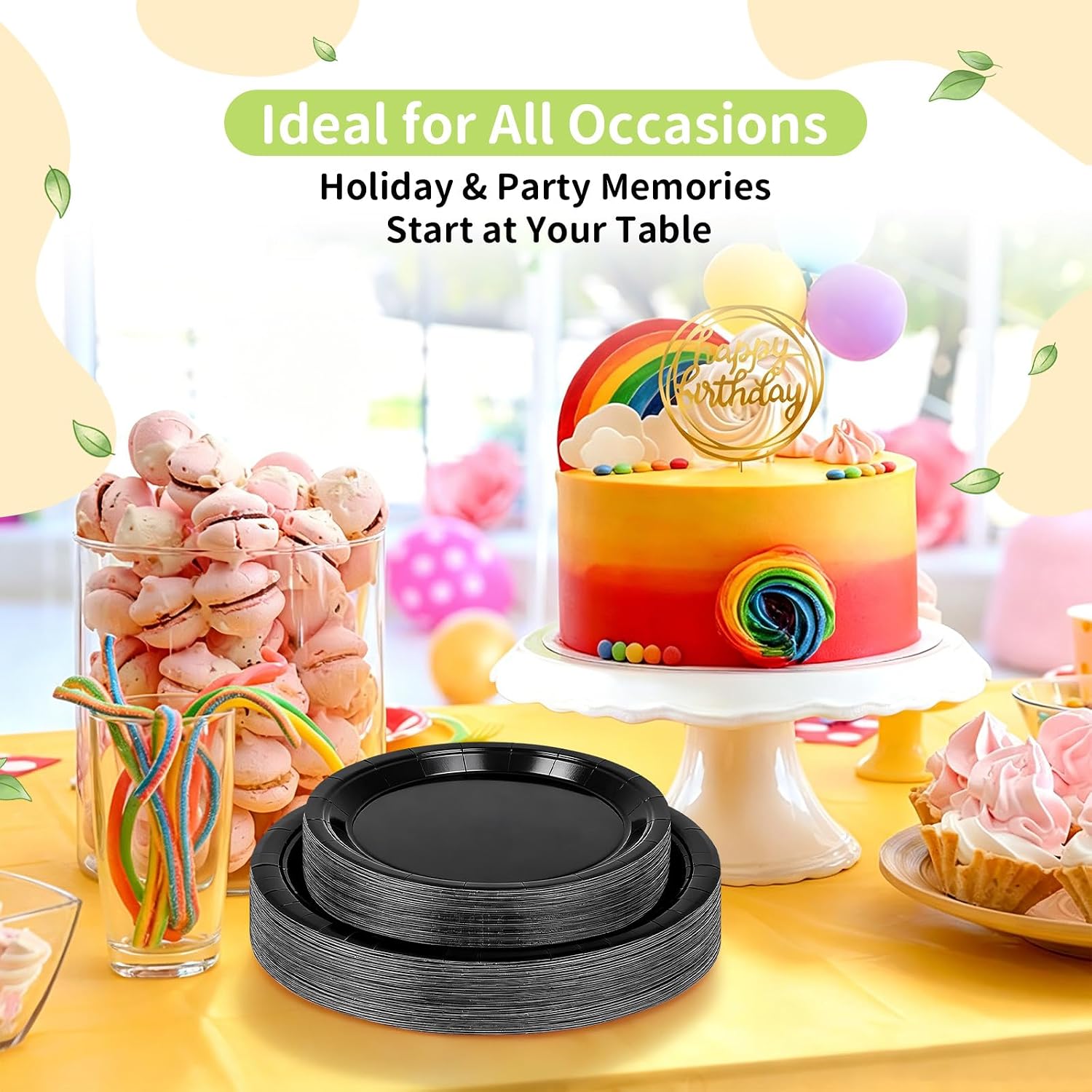 Detalle de LANLISA 50 Black Paper Plates Disposable — 7" dessert plates + 9" dinner plates for parties