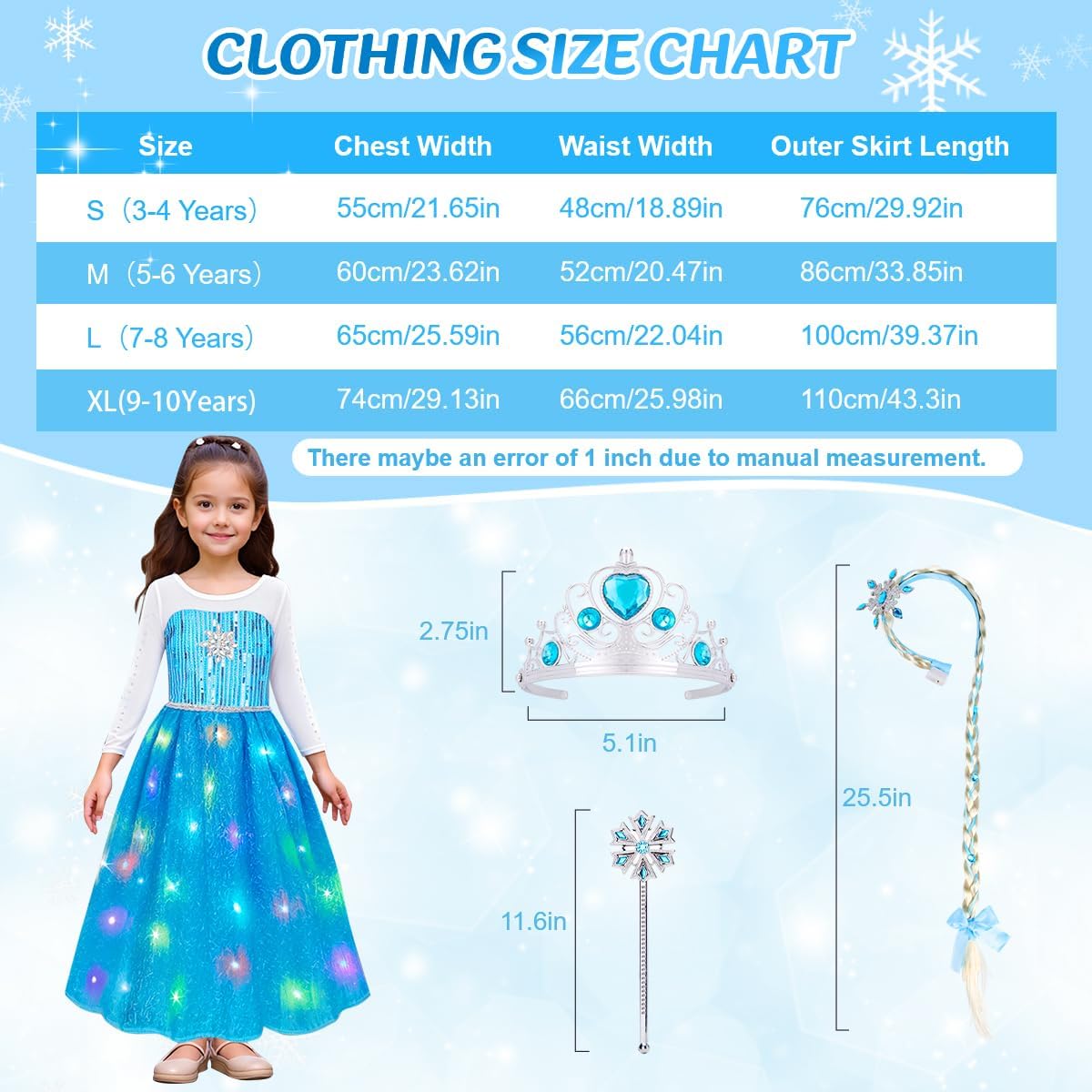 Detalle de Meland Prinzessin Kleid Mädchen – 8-teiliges Set inkl. Juwelen, Handschuhe und Zauberstab (3–10 Jahre)