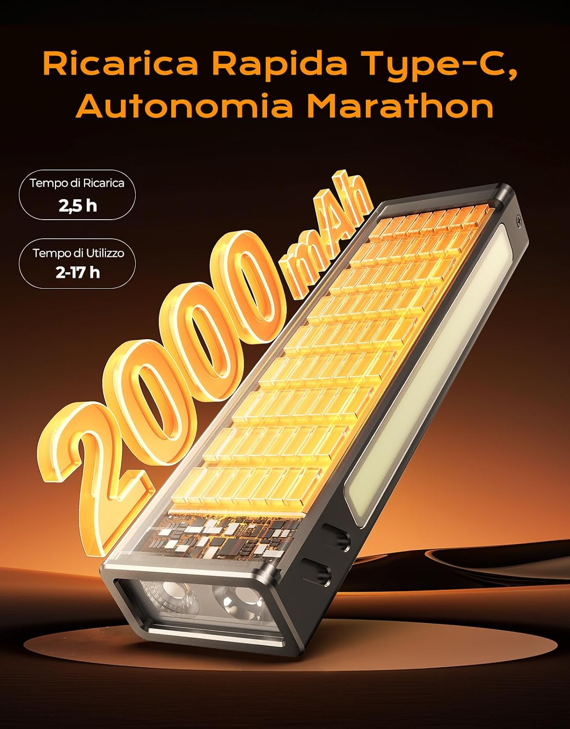 Detalle de Babacom 1300lm Torcia LED Ricaricabile: 7 Modalità, UV e COB, IP44, Base Magnetica