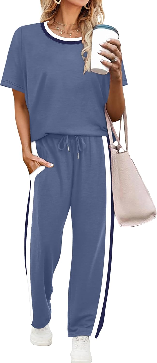 Detalle de WIHOLL 2 Piece Lounge Set for Women — Lightweight Spacer Fabric, Short Sleeve Top & Wide Leg Pants with Pockets