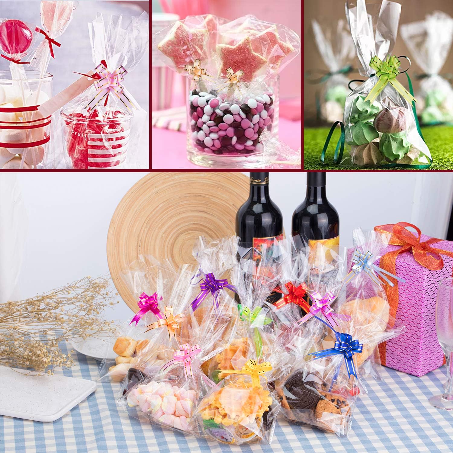 Thumbnail 4 de AUERVO 100 clear cellophane treat bags (6" x 10") with colourful pull bows