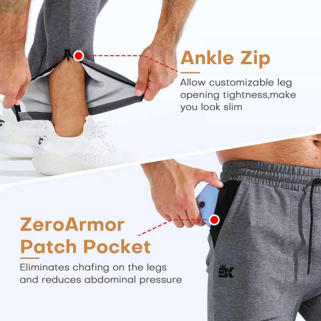 Detalle de BROKIG Mens Zero Armor Gym Jogger Bottoms with ankle zippers and zipped pockets