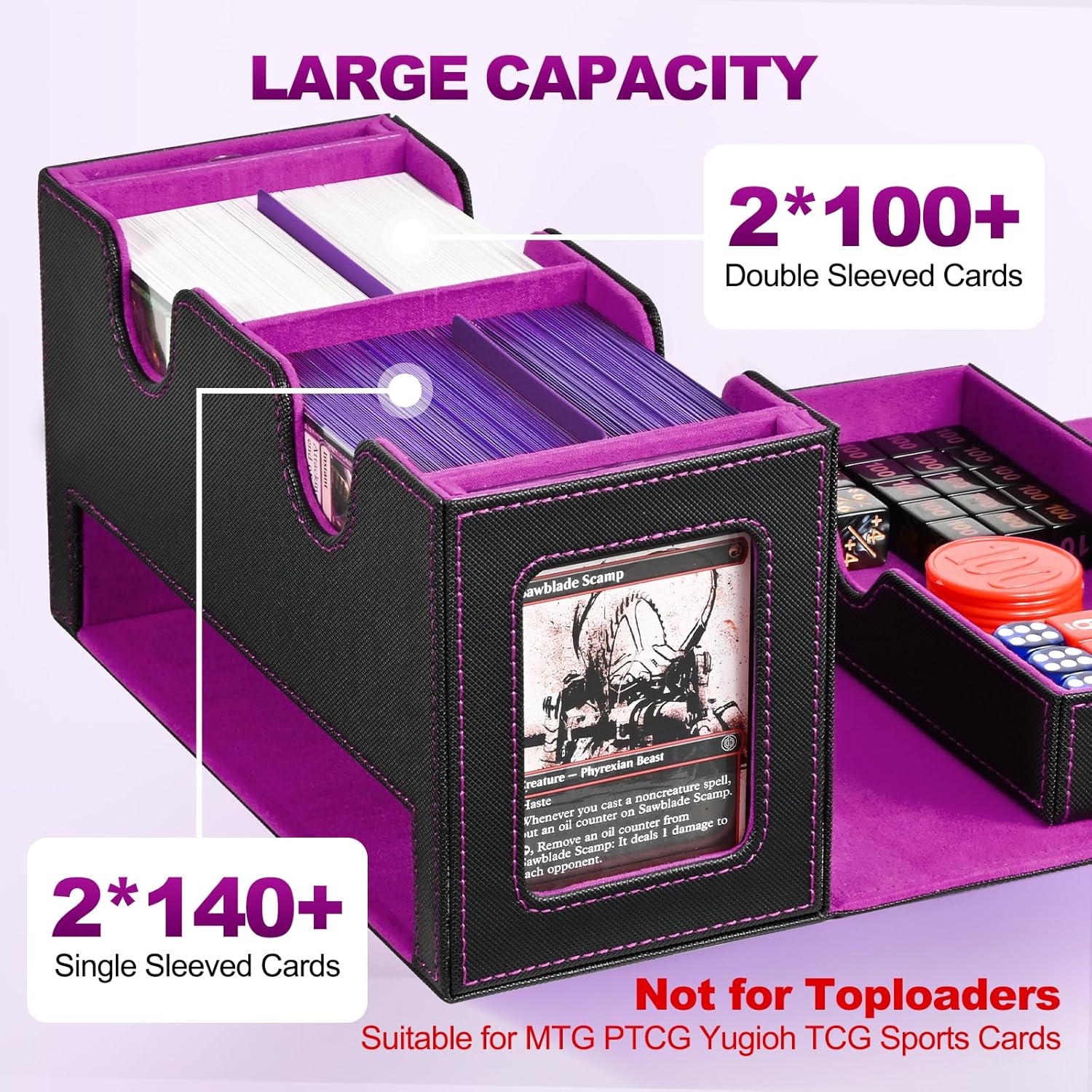 Detalle de UAONO MTG Deck Box with 2 Commander Display and Dice Tray – Double Deck Box for 250+ Sleeved Cards (Black & Purple)