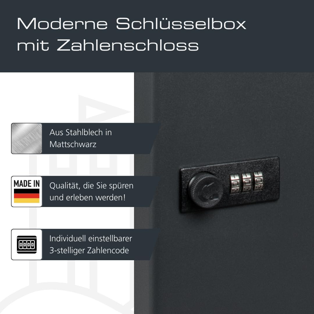 Detalle de Burg-Wächter KC 36 C Schlüsselbox abschließbar mit Zahlencode – 36 Haken, Stahlblech, Mattschwarz