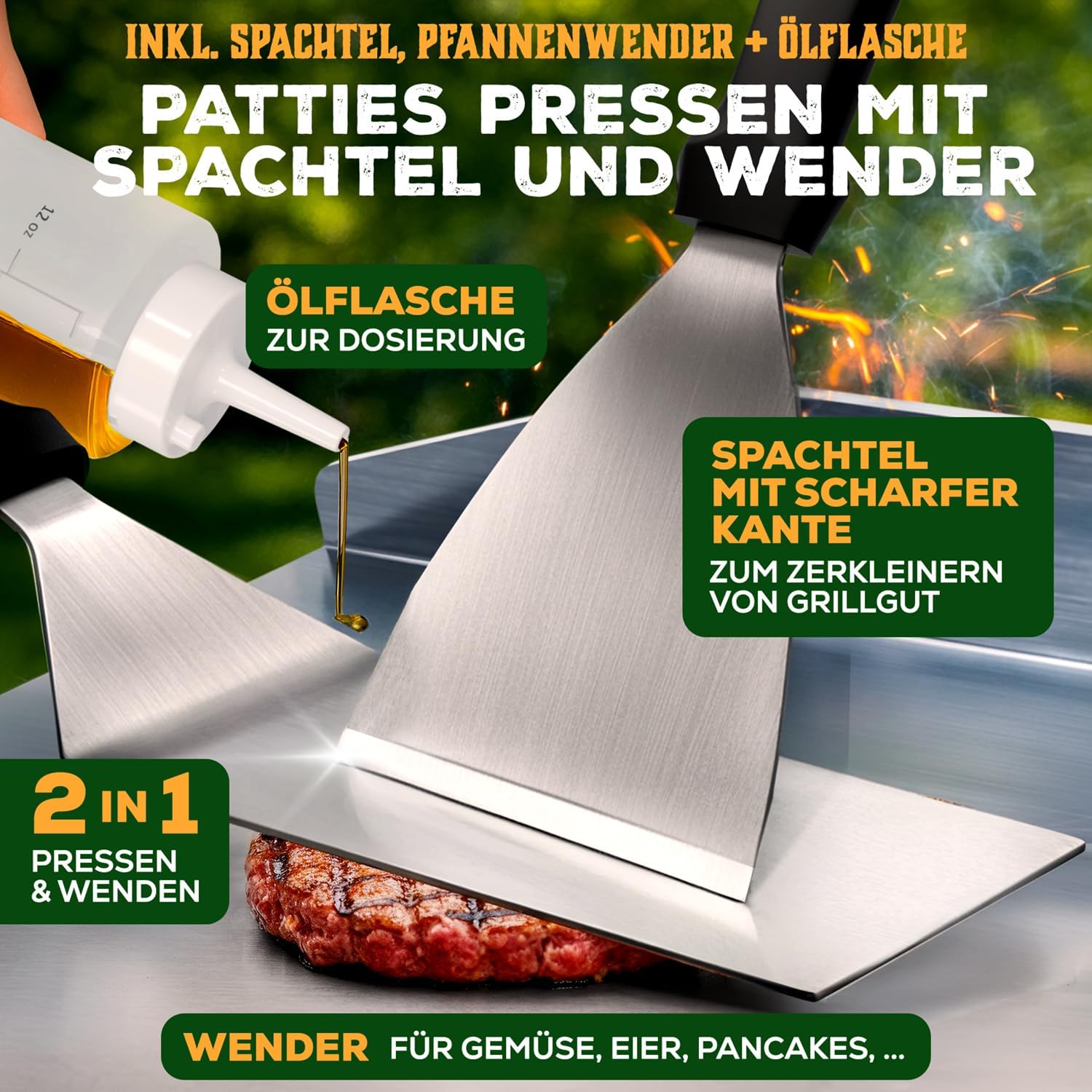 Detalle 2 de Blumtal Grill-Plancha Set aus Edelstahl (30×40 cm) inkl. 2 Spachteln & Ölflasche