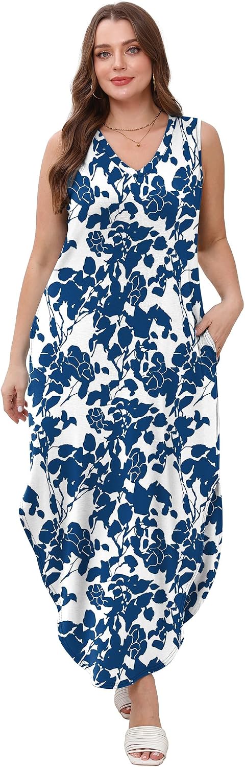 Detalle de Sampeel Summer Maxi Dress for Vacations & Beach Days with V-Neck, Side Slit, and Pockets
