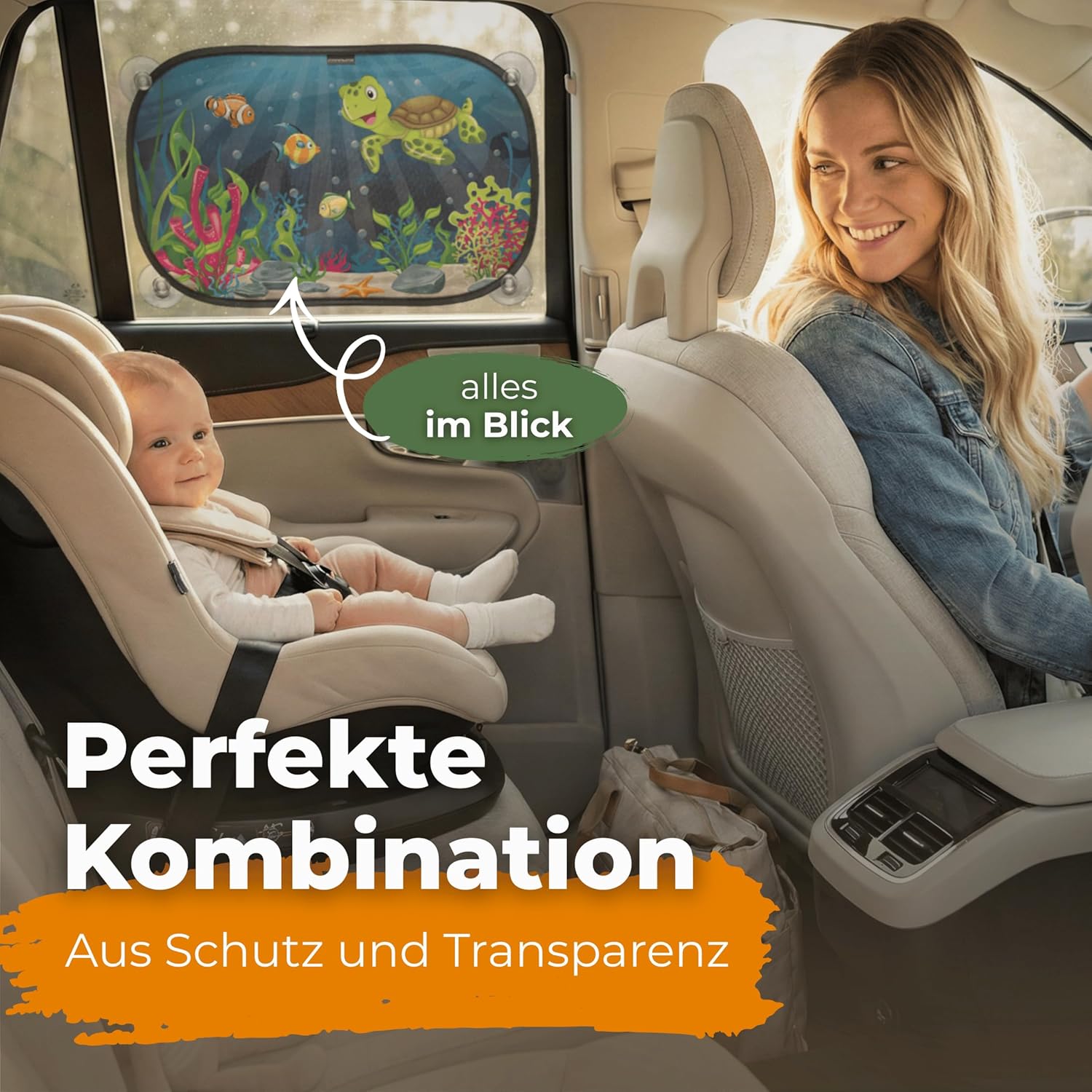 Detalle 2 de CARAMAZ Sonnenschutz Auto Baby mit zertifiziertem UV-Schutz, universell 48 x 30 cm (2er-Set) – Motiv Grün-Turtle
