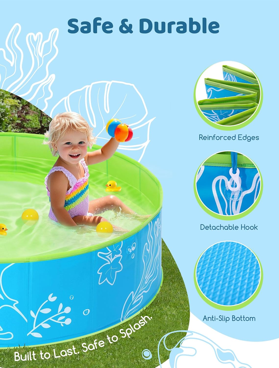Thumbnail 4 de Hikiddy Planschbecken mit Schatten 120 cm – Pop-Up Pool mit Dach, Grün-Blau (Größe 120 cm)