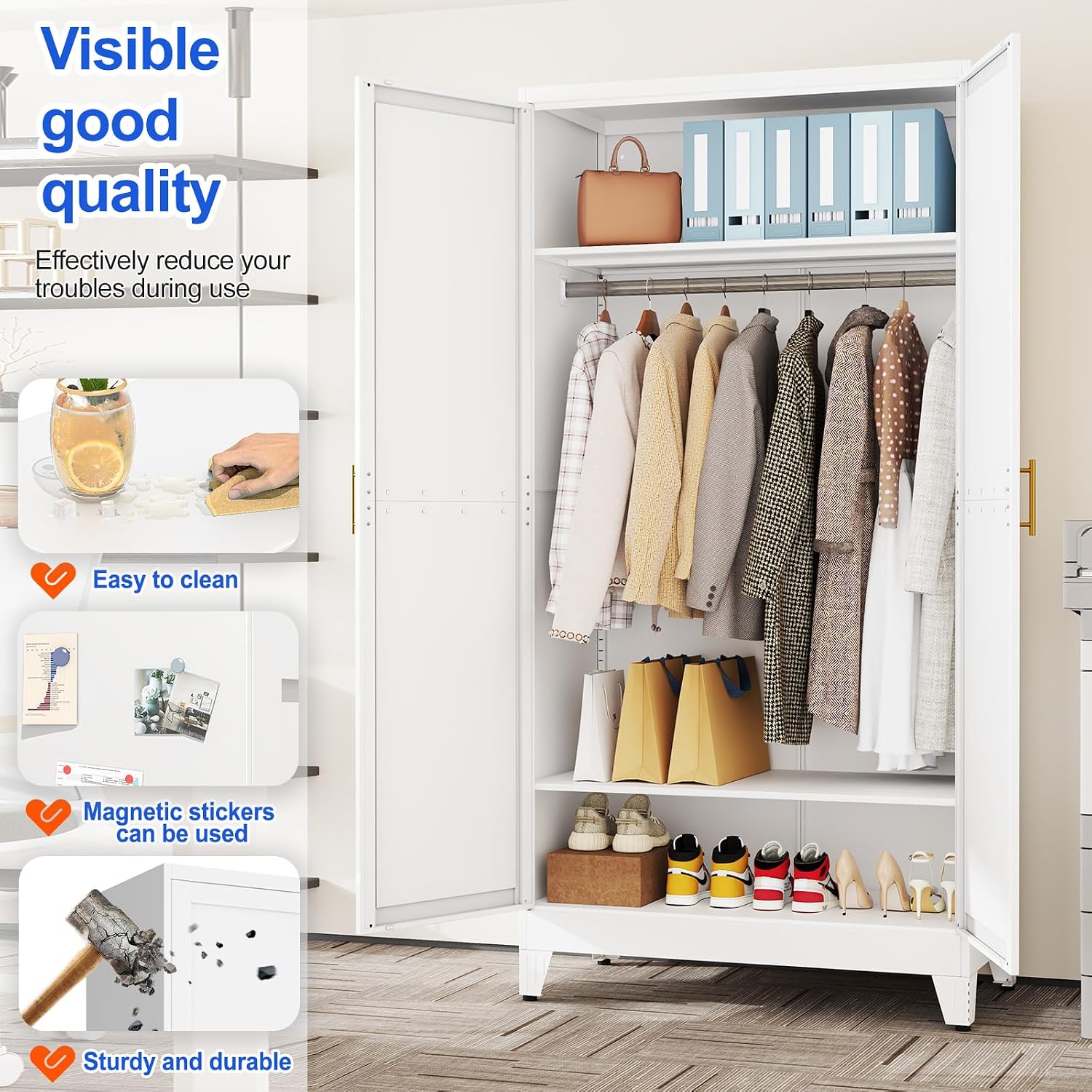 Detalle de GAIOUS GAI-Arm-003 Metal Wardrobe Cabinet, 79-Inch, Adjustable Shelves