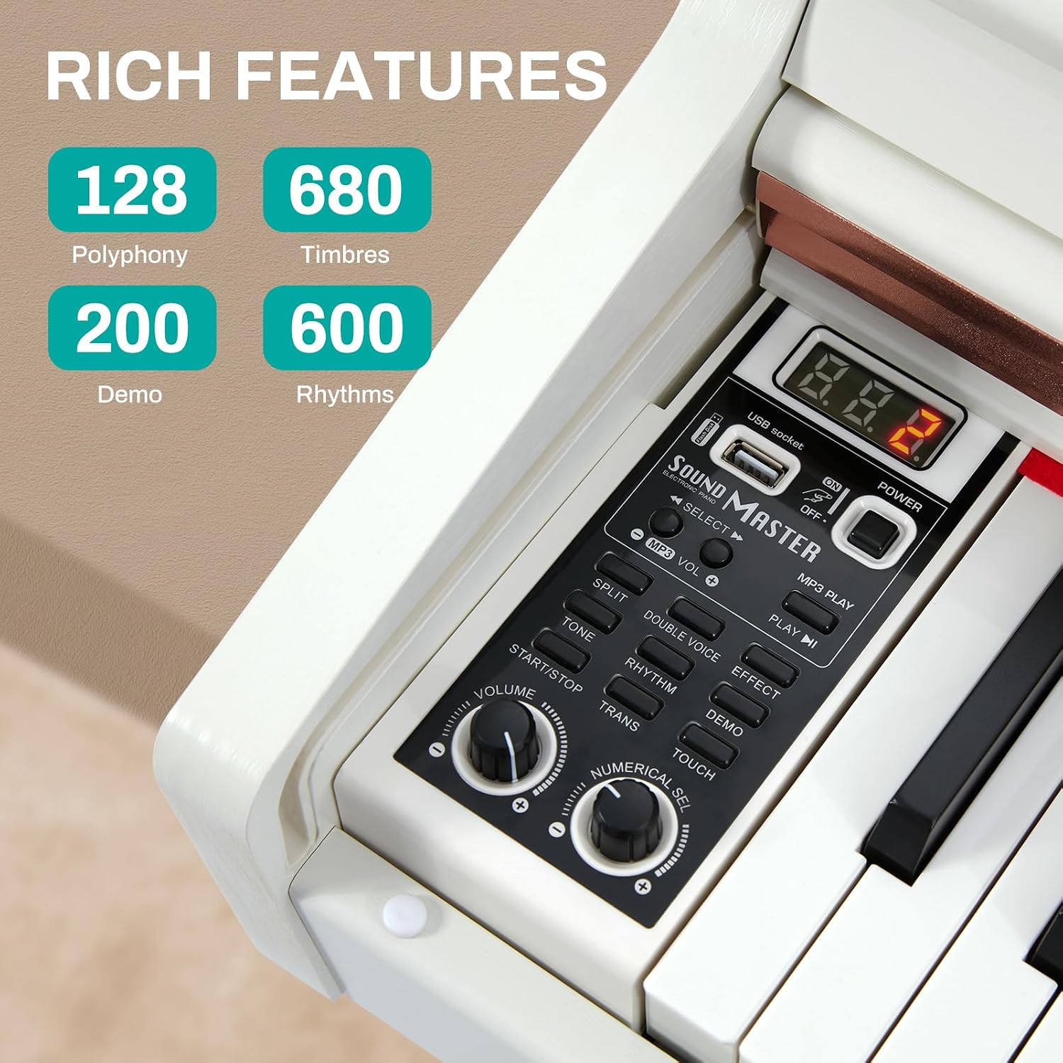 Detalle de AODSK UP-701 88-Key Weighted Digital Piano with Slide Cover and Triple Pedals