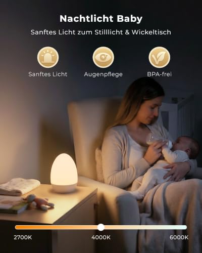 Detalle 2 de FULNIX Nachtlicht für Babyzimmer, dimmbare Eierlampe mit 14 RGB-Farben