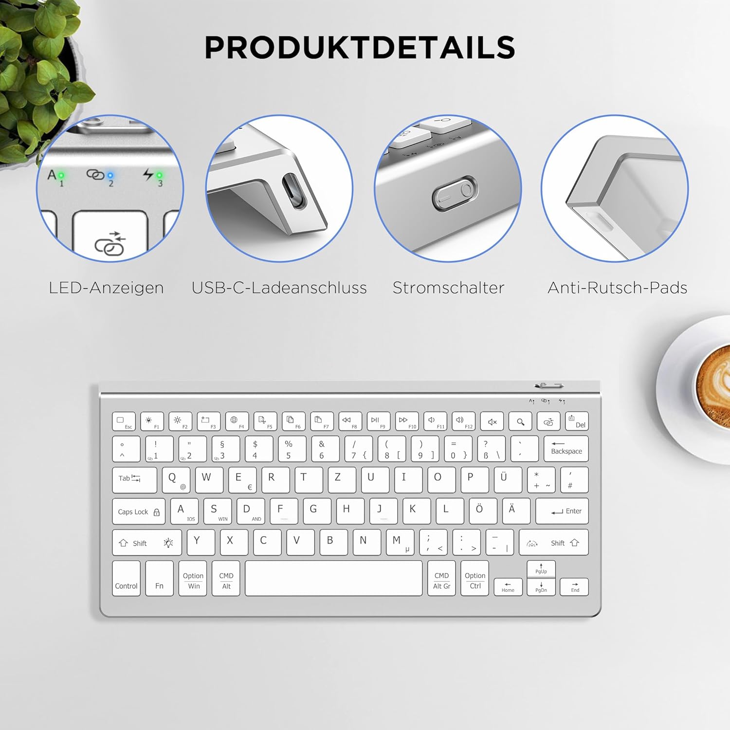 Detalle 2 de Bluetooth Deutsche Tastatur von CACOE – kompatibel mit iPad A16/10, iPad Air/Pro sowie iOS, Android, Windows (3 BT-Kanäle, silber, 7 Farben)
