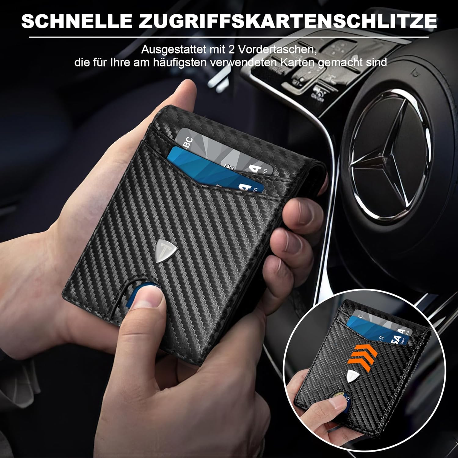 Detalle 2 de TEEHON Geldbörse Herren Slim Wallet RFID Blocking aus Carbonfaserleder – 11 Karten, Ausweisfenster, Geldscheinklammer