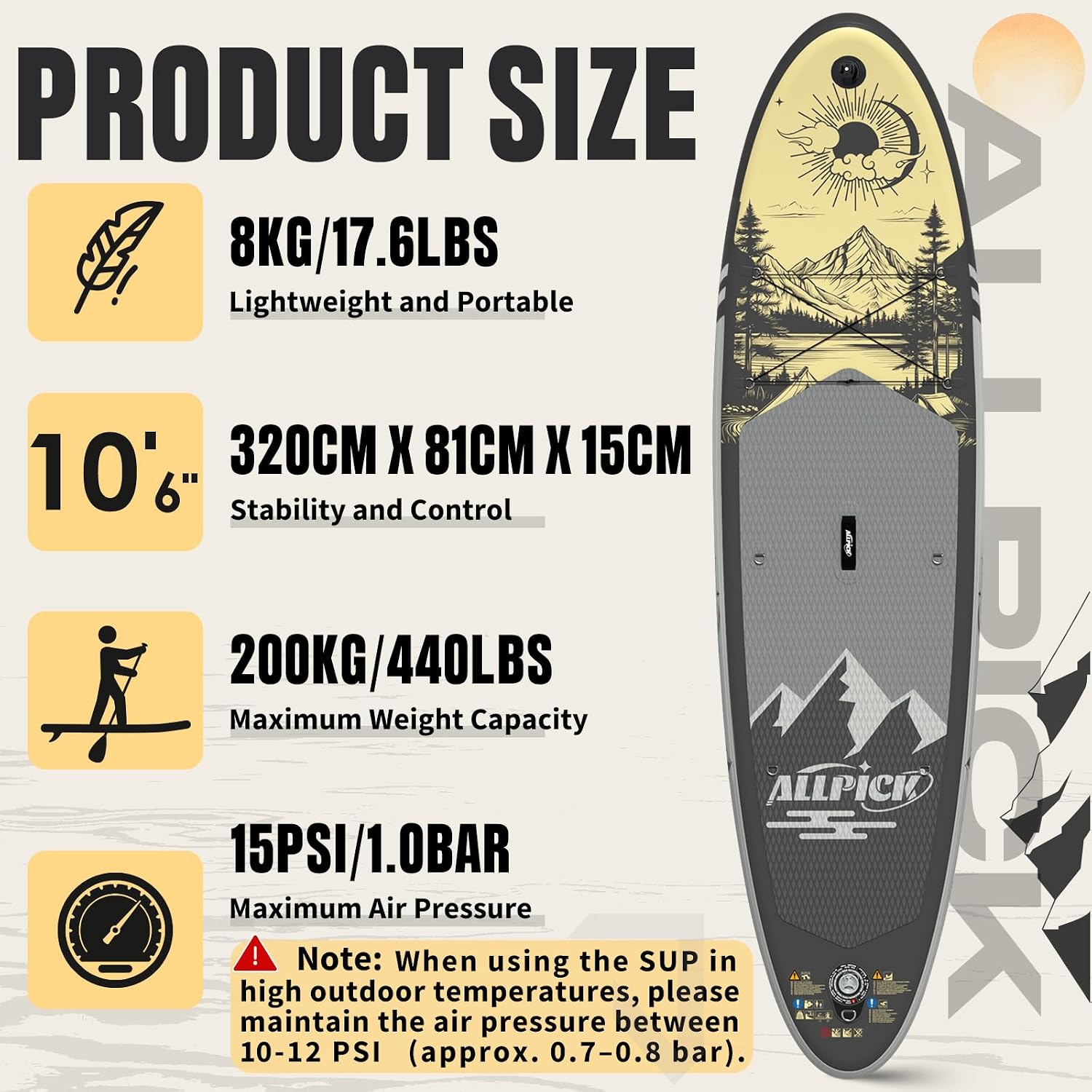 Detalle de ALLPICK Premium SUP Board Set – Aufblasbares Stand Up Paddleboard mit Kamerahalterung und umfangreichem Zubehör