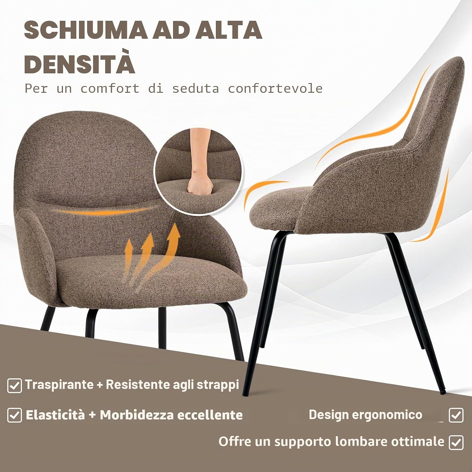 Thumbnail 5 de Goeurvant – Set di 4 sedie moderne per sala da pranzo con braccioli, tessuto lino marrone