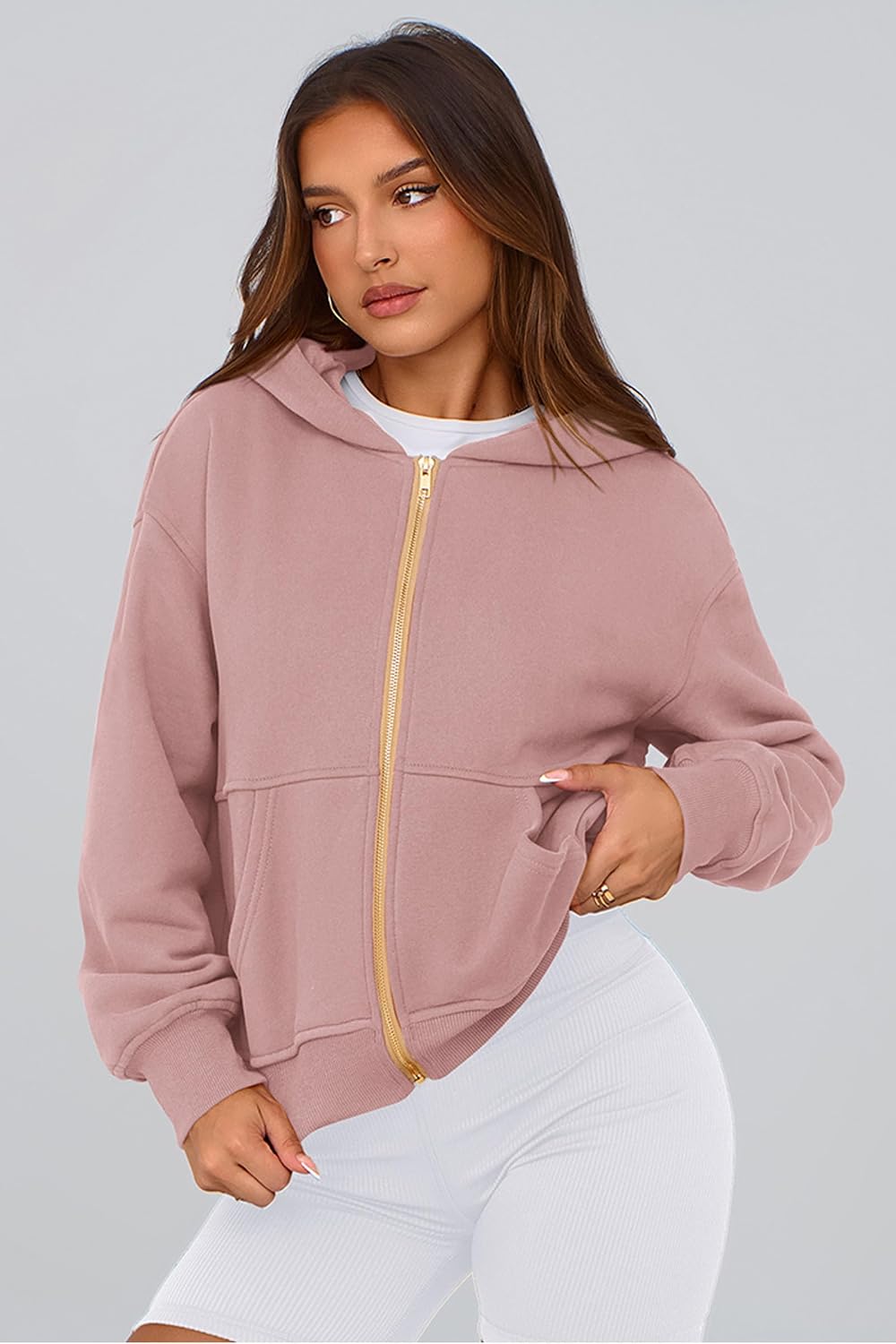 Detalle de PRETTYGARDEN Zip-Up Hoodies for Women — Soft Fleece-Lined, Front-Pocket Long Sleeve Jacket