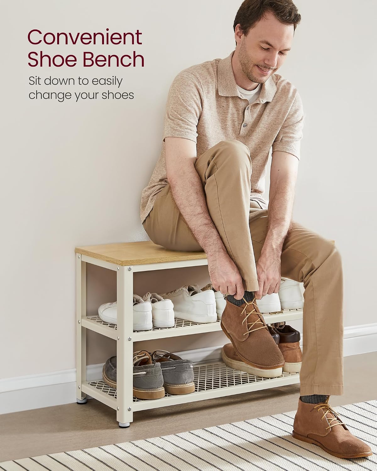 Detalle 2 de VASAGLE Daxton Collection LBS073W09 Shoe Bench with Seat, 2 Mesh Shelves
