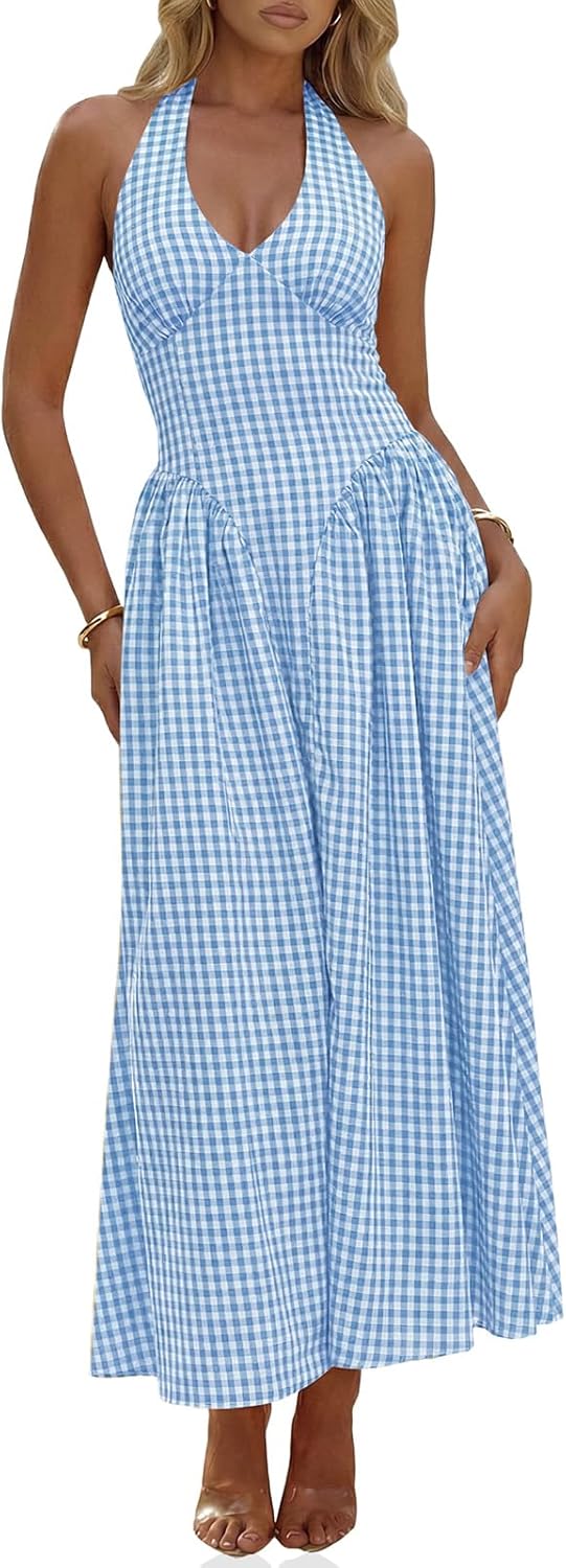 Thumbnail 6 de Wenrine Halter V Neck Corset Maxi Dress in Plaid — Backless, Smocked Tie Back Summer Elegance