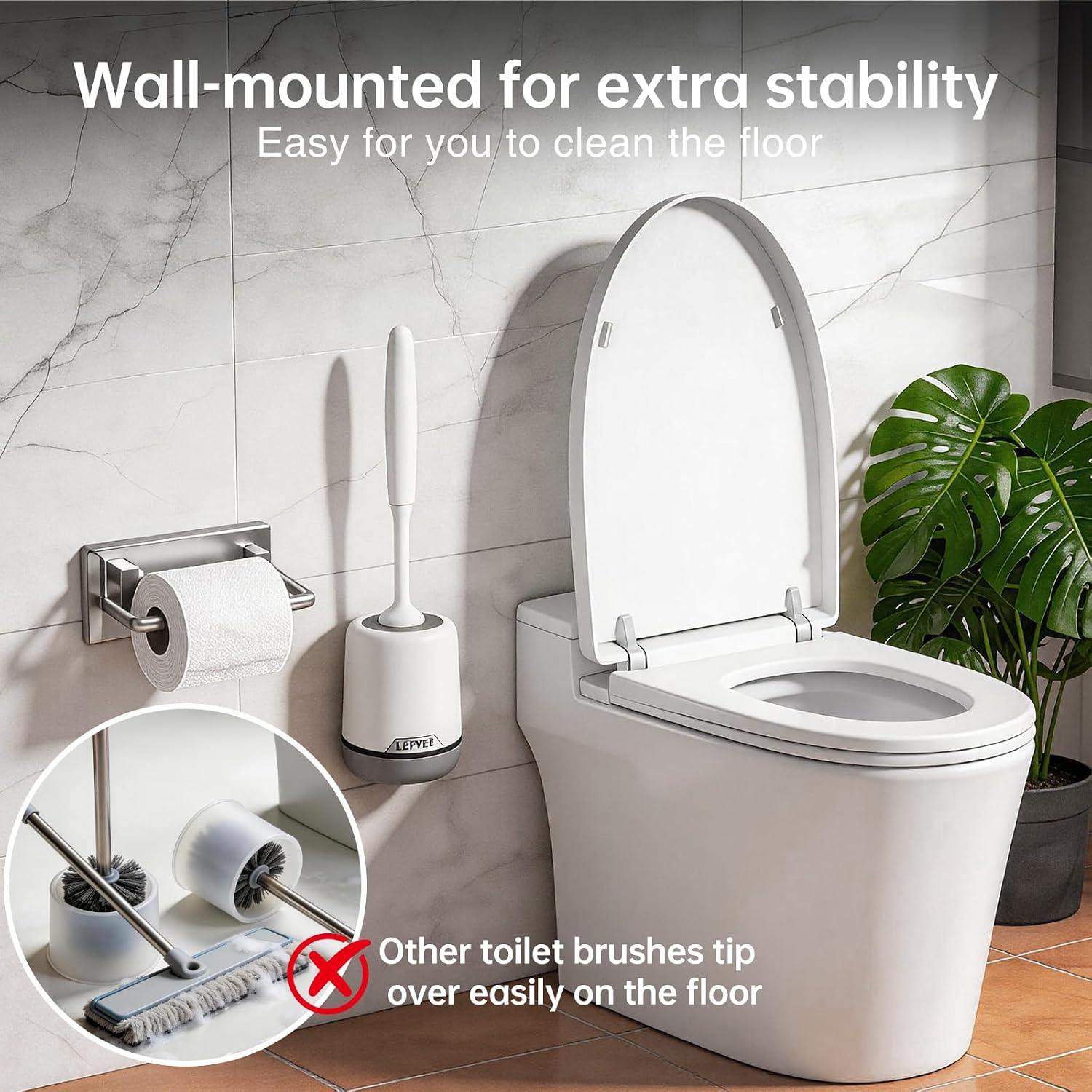 Detalle de Lefree 2 Pack Silicone Toilet Brush Set with Ventilated Holder — Floor Standing or Wall Mounted