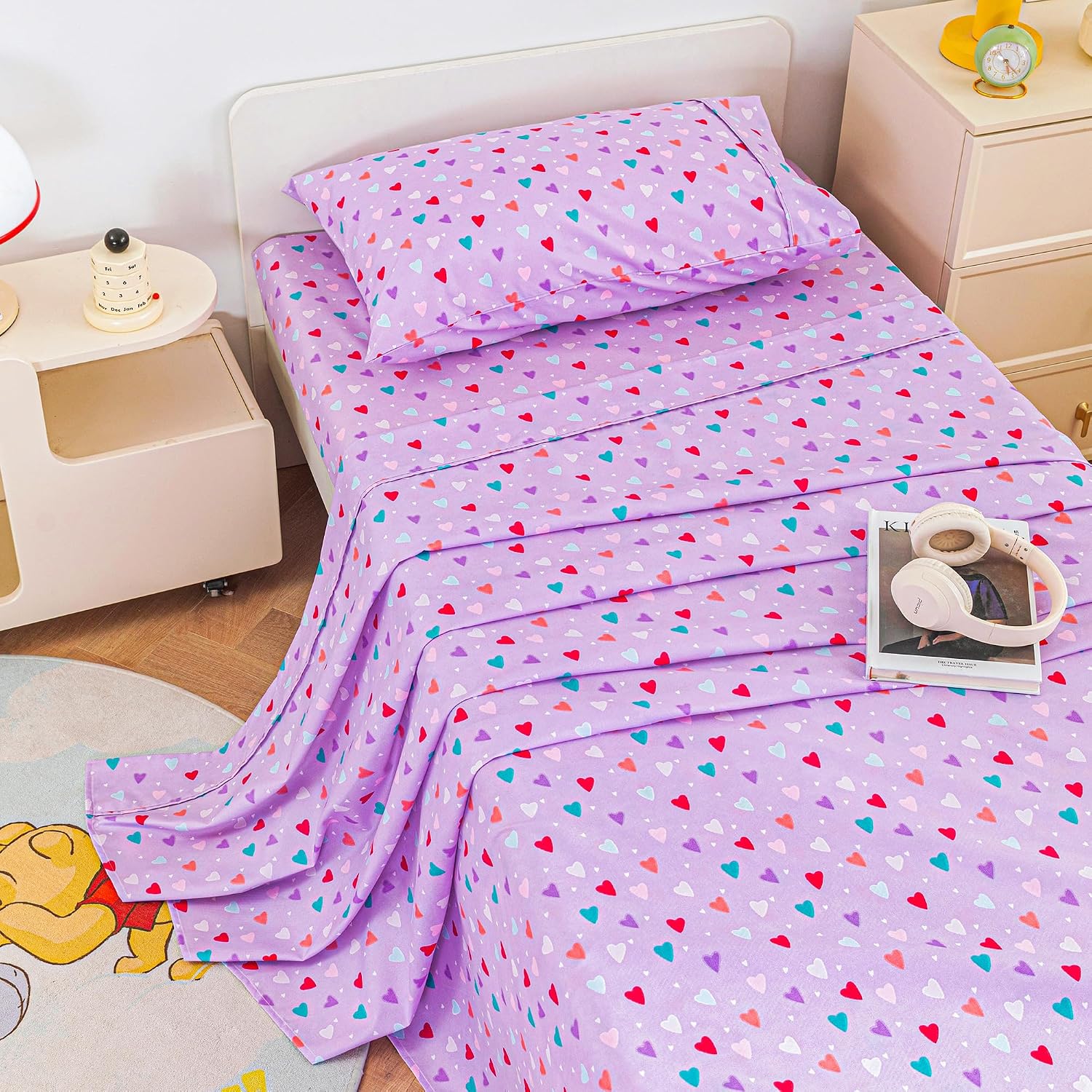 Detalle de Viviland Kids Twin Microfibre Sheet Set, Purple Hearts Print, 3-Piece