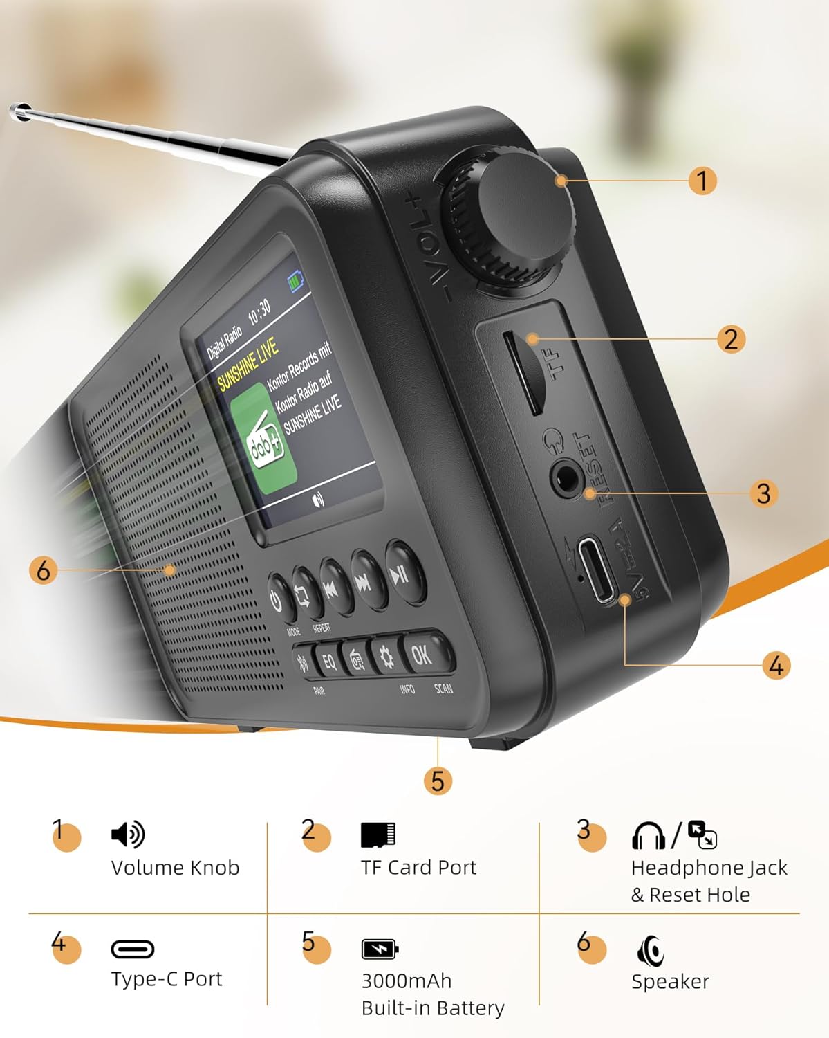 Detalle 2 de Mesqool Radio Digitale DAB&FM con Bluetooth e ricarica Type-C: 3000 mAh per tutto il giorno