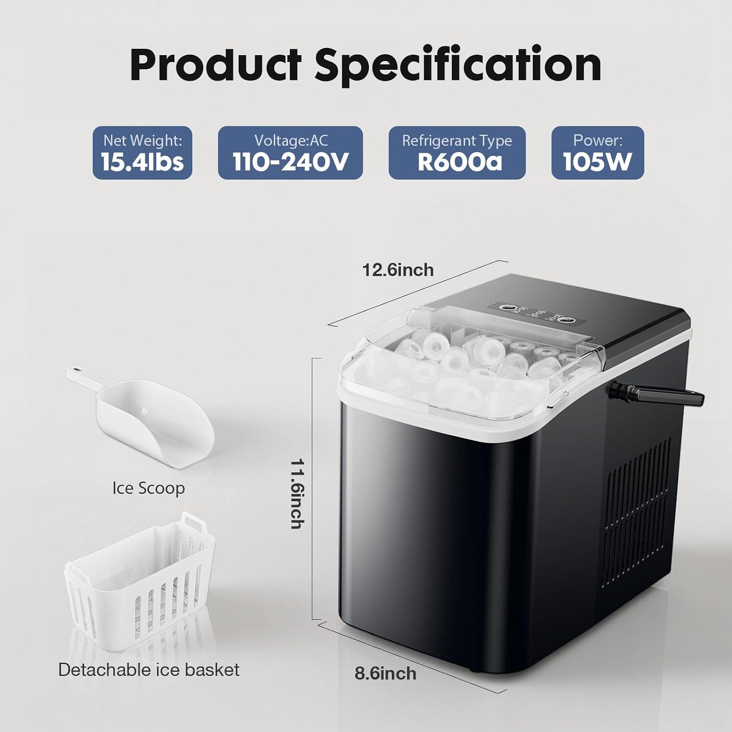Detalle de Sweetcrispy Quiet Countertop Ice Maker, Black, Bullet Ice and Self-Cleaning