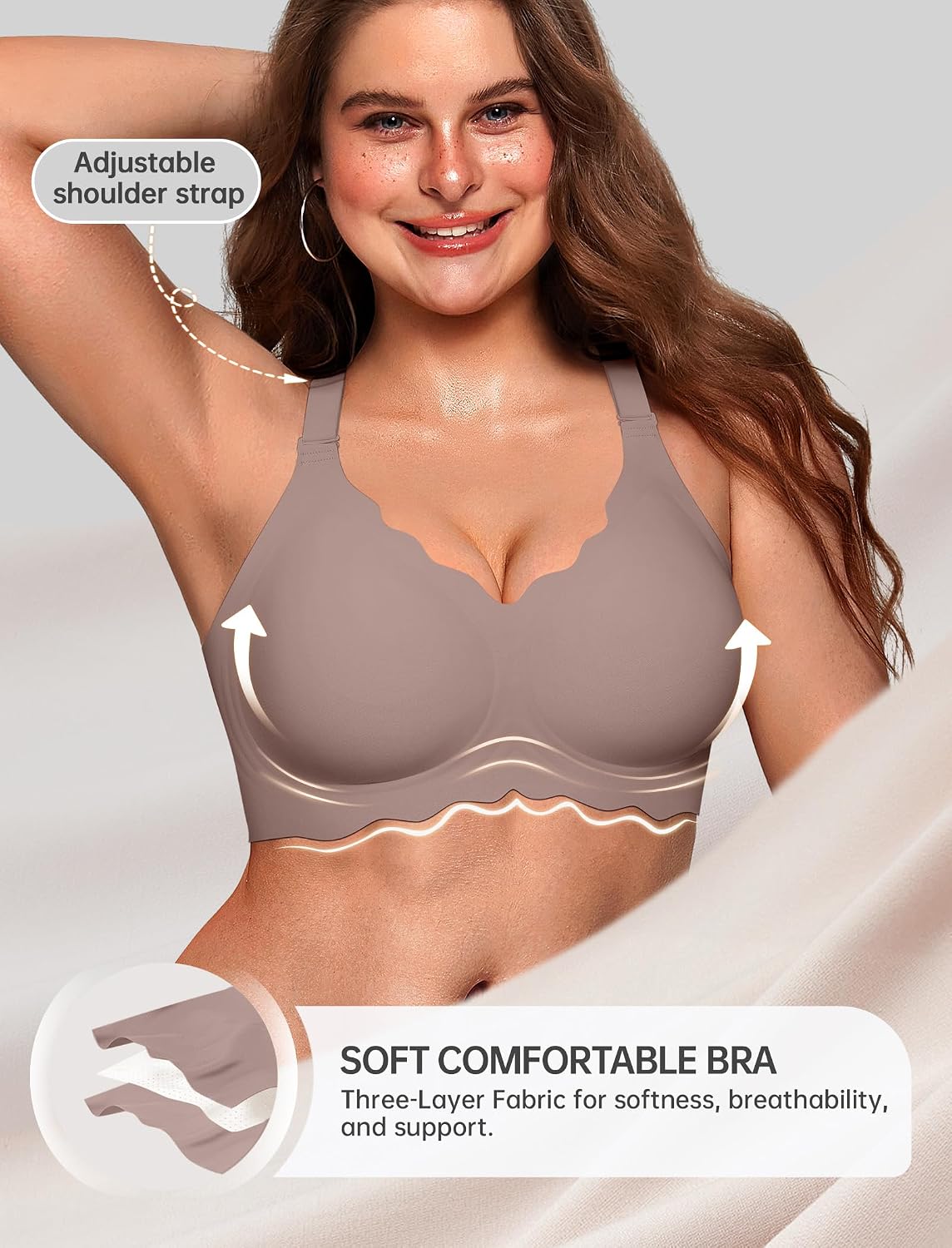 Detalle de OEAK Women Jelly Bra: No-Wire Scalloped Push Up T-Shirt Bra (Seamless, Convertible Straps)