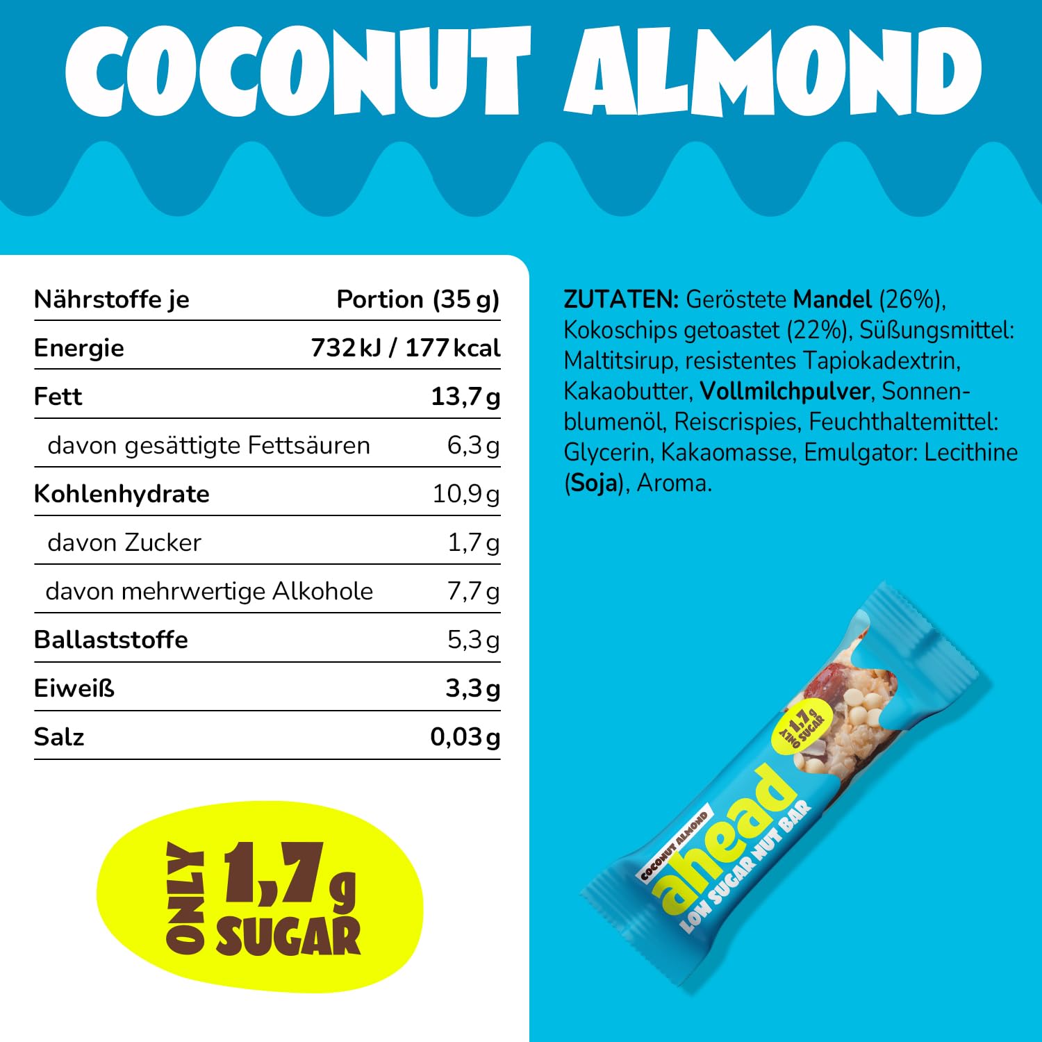 Detalle 2 de AHEAD Low Sugar Nut Bar Nussriegel 12×35g mit 1,7g Zucker pro Riegel 🍫