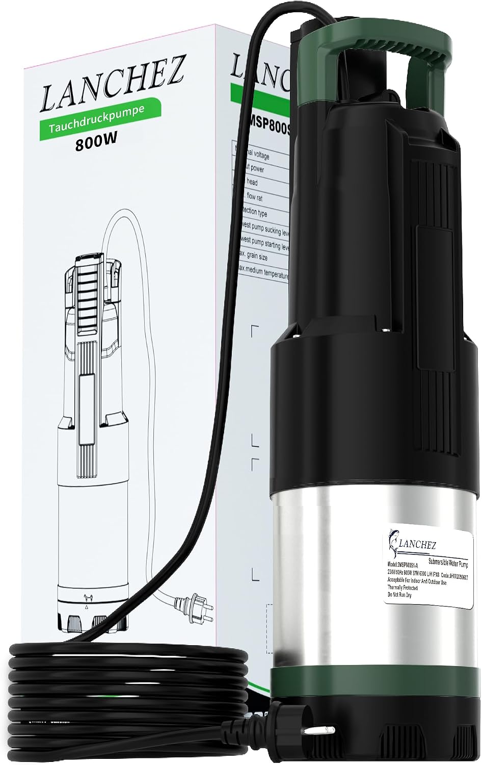 LANCHEZ Tauch-Druckpumpe 3 inox – 800 W, 6.300 l/h, 37 m Förderhöhe, IPX8, inklusive Seilset