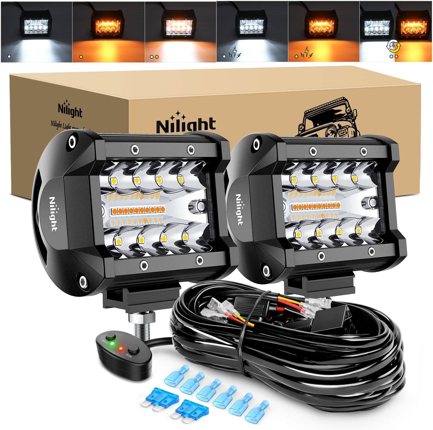 Detalle de Nilight 2PCS 4-Inch 60W LED Pods (Amber/White) with 6 Modes & Memory Function + 16AWG Wiring Harness Kit
