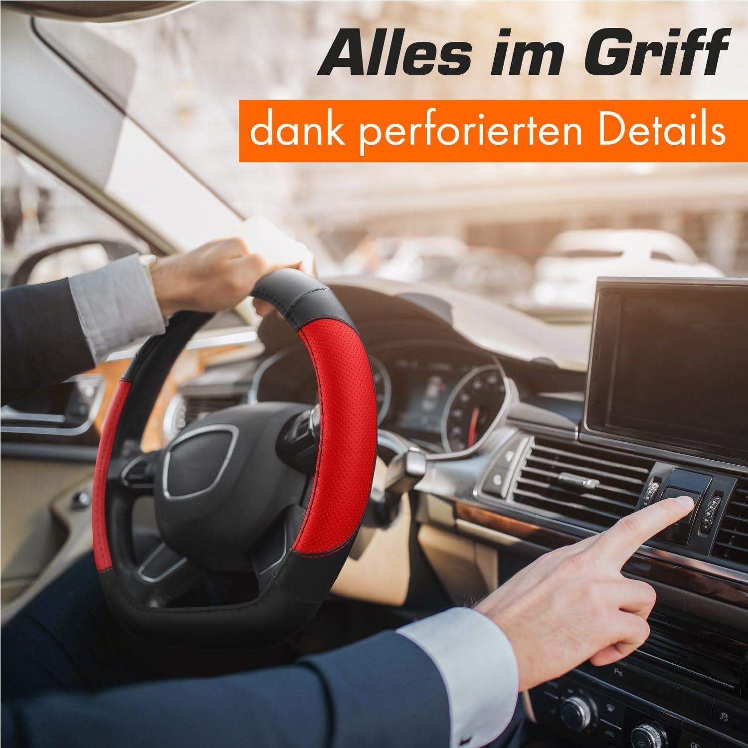Detalle de Upgrade4cars D-Form Lenkradbezug in Rot (Lenkradschoner universal, 37–38 cm)