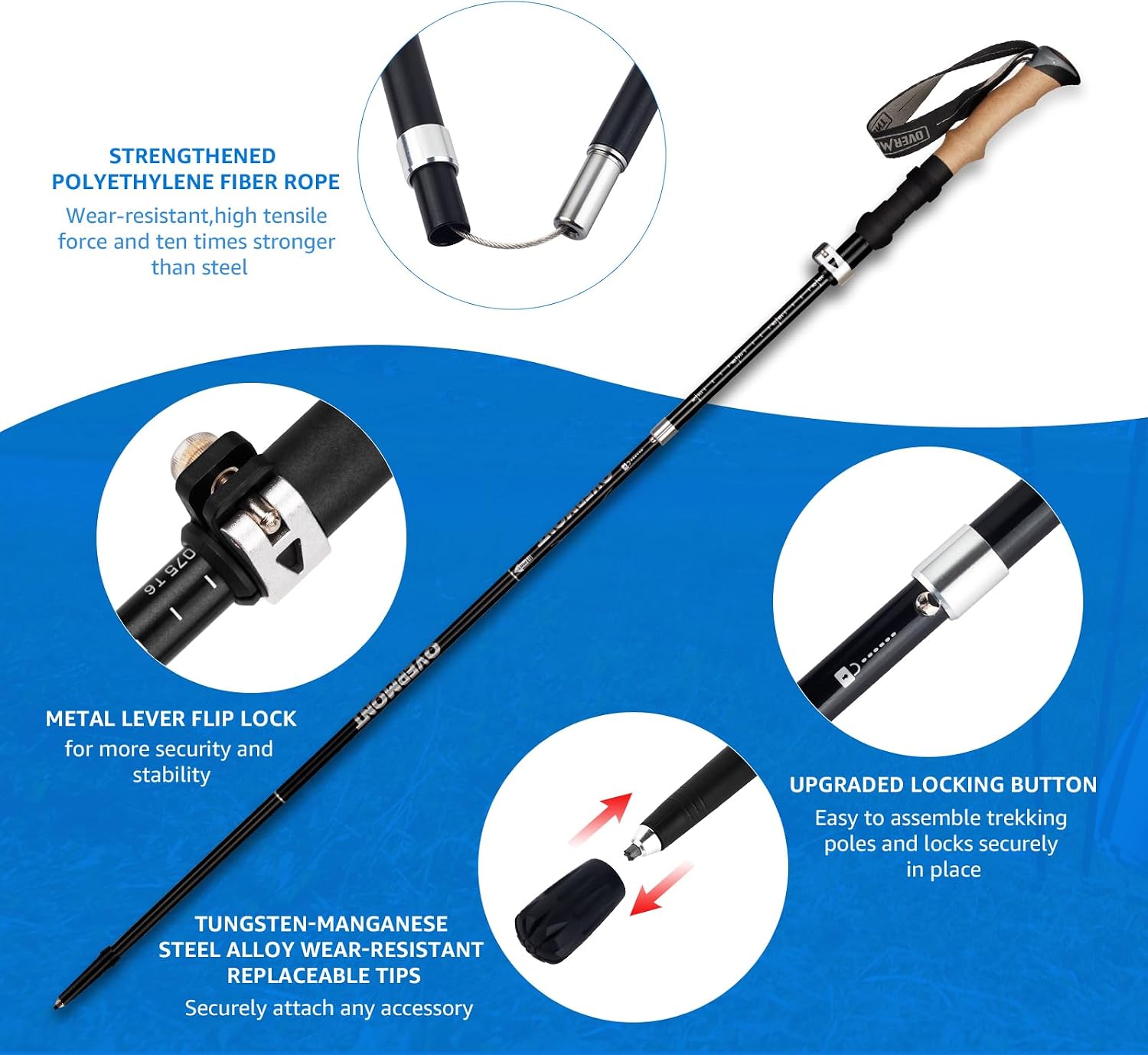 Detalle de Overmont Bastoni da trekking pieghevoli in alluminio 105-125 cm – 1 paio con accessori per tutto il terrain