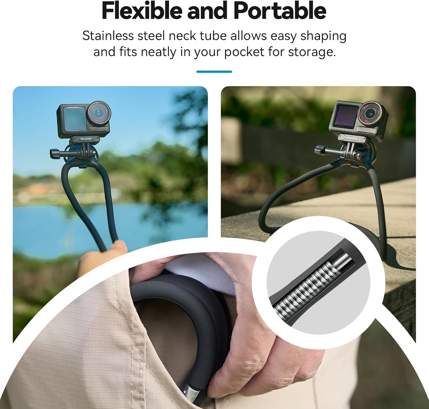 Detalle de TELESIN SE 2.0: supporto per collo magnetico per iPhone, Android e action cam – stabilità e versatilità in POV