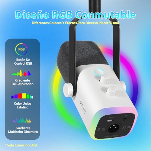 Detalle de FIFINE XLR Streaming: Micrófono dinámico para podcast y streaming, USB/XLR, RGB, Blanco