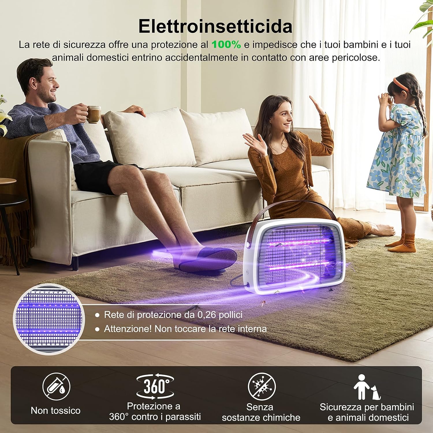 Detalle de Lampada Antizanzare 4200V con 2 tubi LED 20W: protezione efficace, silenziosa e sicura per interni ed esterni