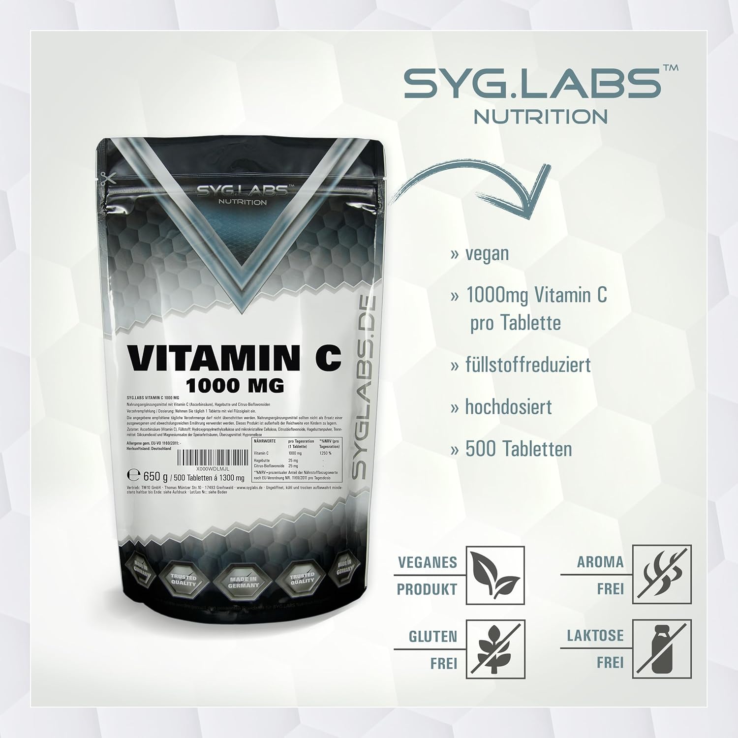 Thumbnail 4 de Vitamin C 1000 mg Tabletten mit Hagebutte und Bioflavonoiden – Time Released, vegan, laborgeprüft (500 Stück)