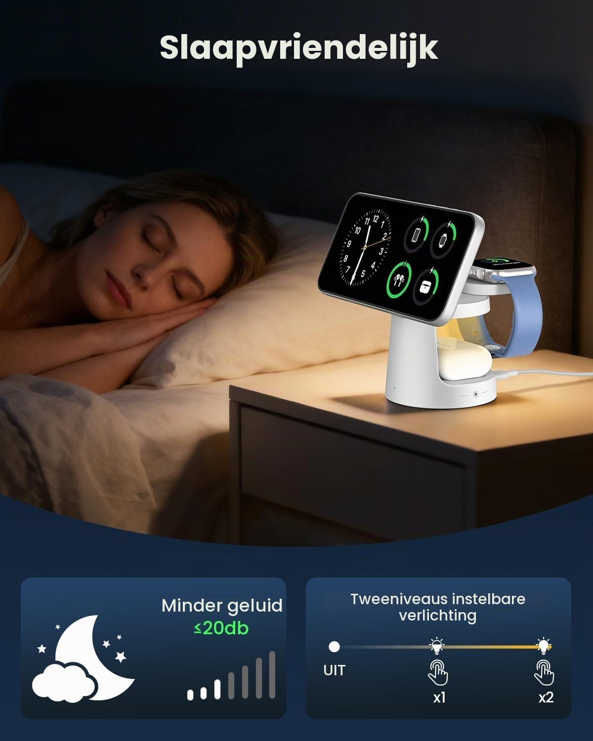 Detalle 2 de GEEKERA 25W 3-in-1 Qi2-oplaadstation met nachtlampje en 45W-adapter
