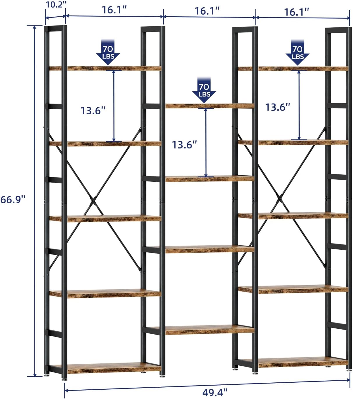 Detalle de NUMENN Triple Column 5 Tier Bookshelf: 14 Open Shelves, Adjustable Rustic Industrial Display