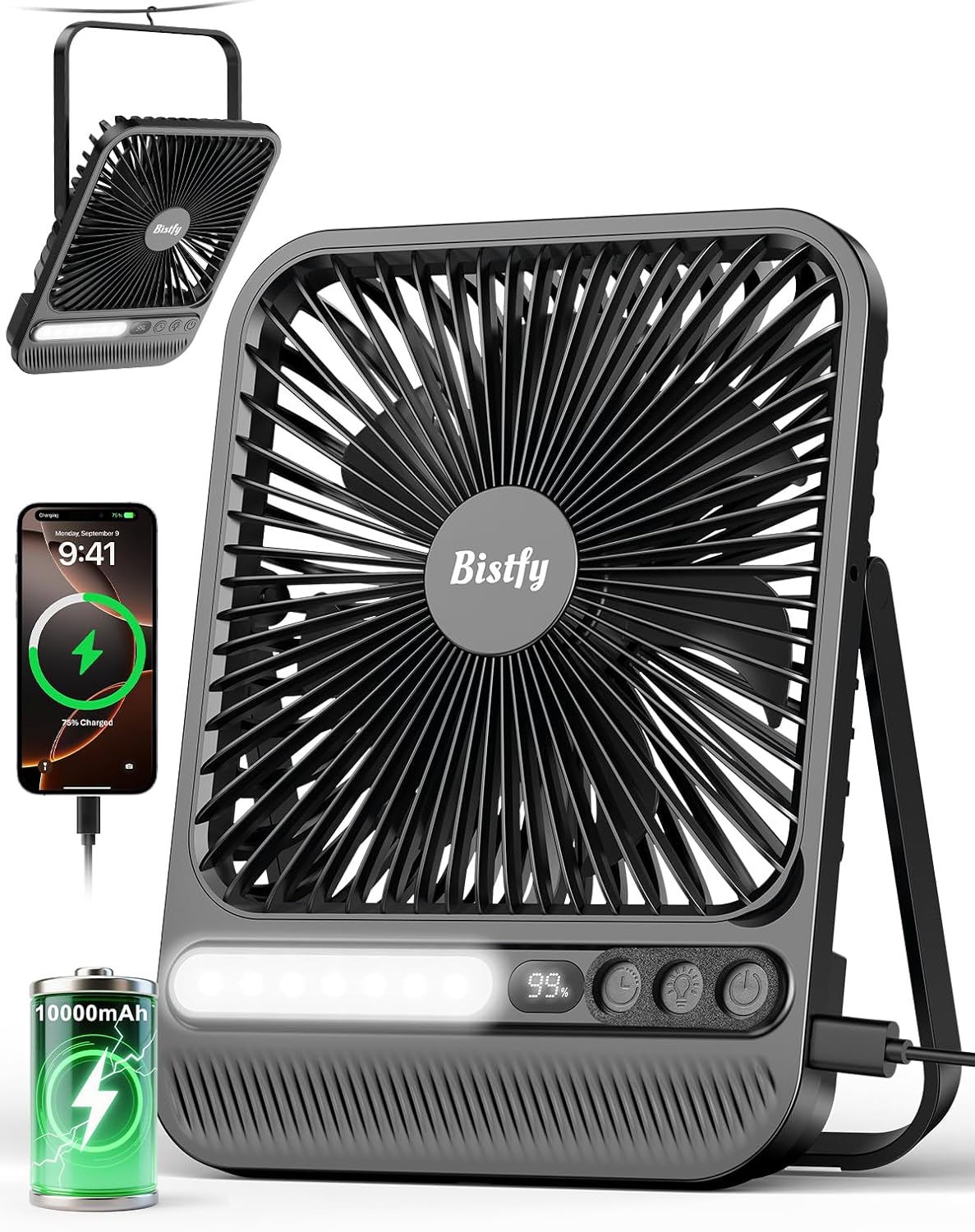Detalle de Bistfy 10000mAh Camping Ventilator – Ultradünn, 2-in-1 Tischventilator mit Lampe und Akku, 28 Std. Laufzeit